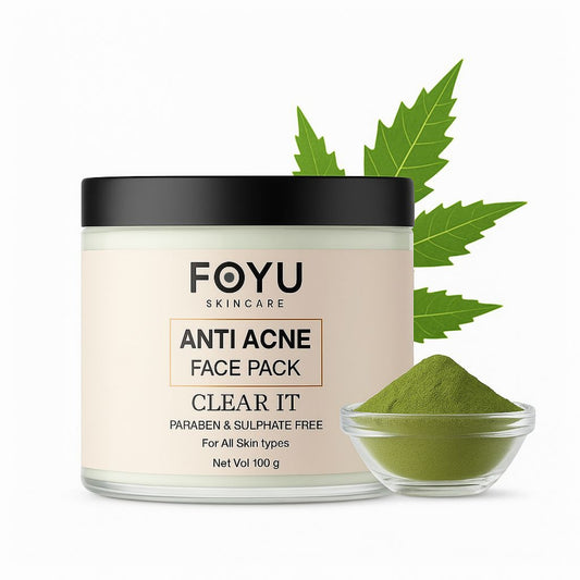 FOYU Skincare Anti Acne Face Pack with Neem powder and Neem leaves on a white background
