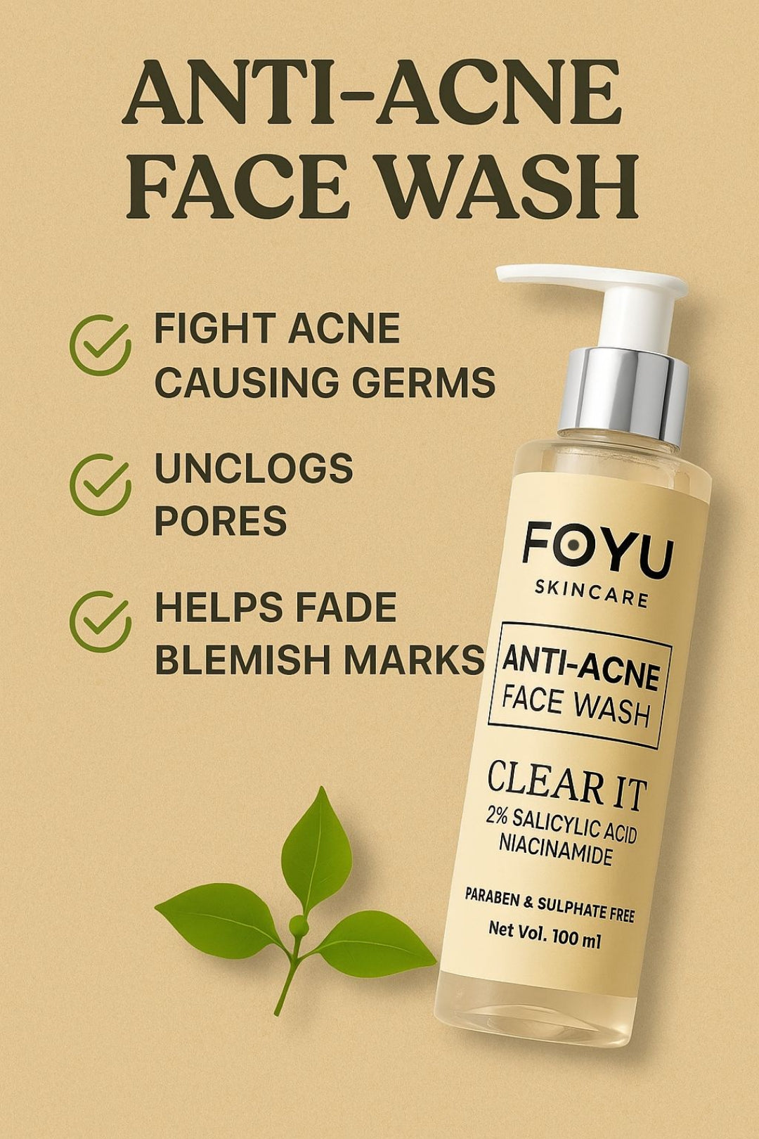 FOYU Skincare Anti-Acne Face Wash bottle on a beige background with text highlighting product benefits