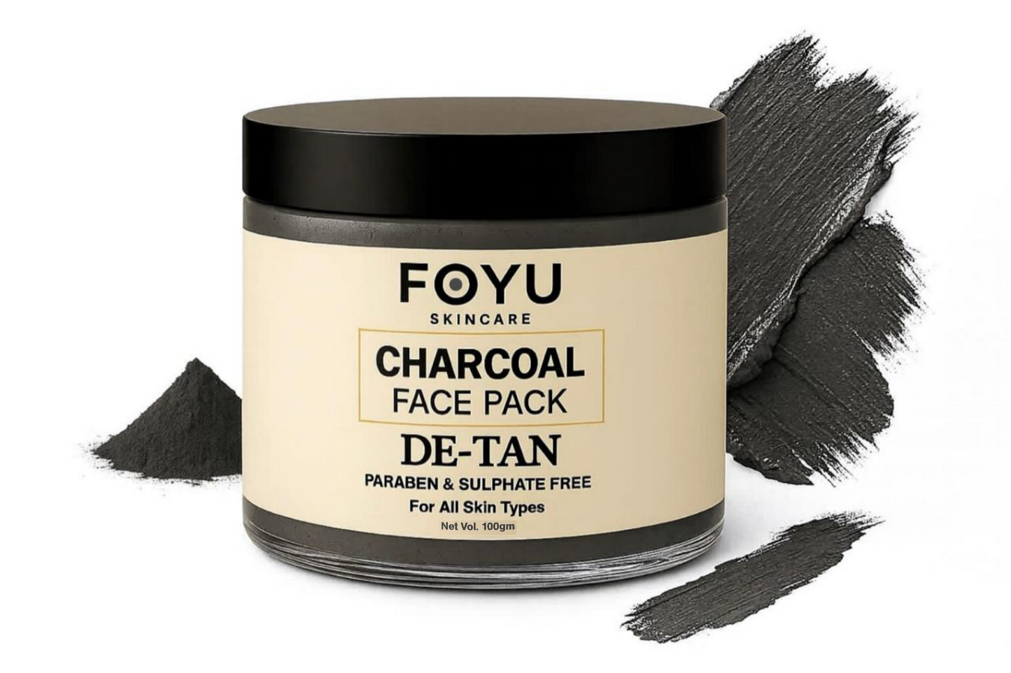 FOYU Charcoal De-Tan Face Pack, Removes Tan & Purifies Skin, Paraben & Sulphate Free, For All Skin Types, 100g