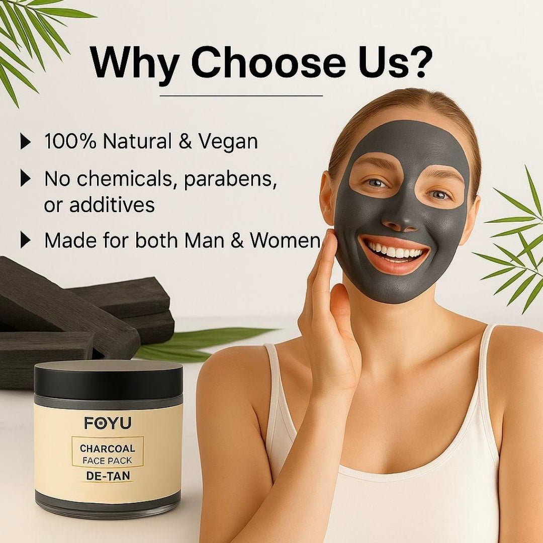 FOYU Charcoal De-Tan Face Pack, Removes Tan & Purifies Skin, Paraben & Sulphate Free, For All Skin Types, 100g