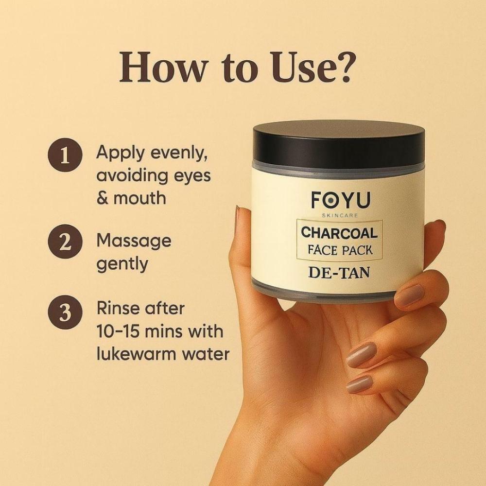 FOYU Charcoal De-Tan Face Pack, Removes Tan & Purifies Skin, Paraben & Sulphate Free, For All Skin Types, 100g