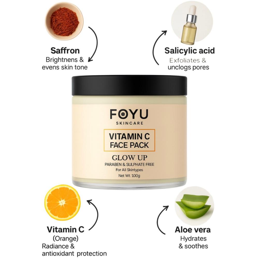 FOYU Skincare Vitamin C Face Pack, Brightening & Dark Spot Reduction, All Skin Types, Paraben & Sulphate Free, 100g