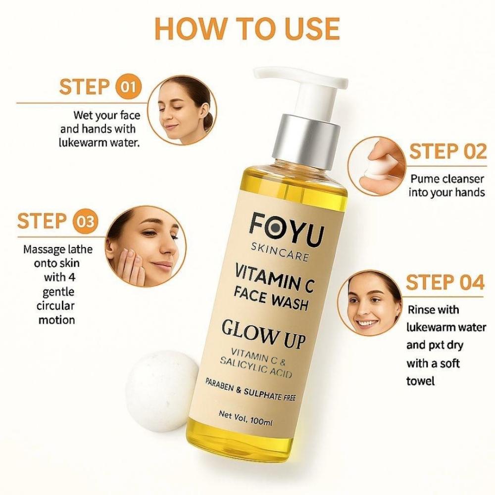 FOYU Skincare's Vitamin C "GLOW UP" Face Wash, With 2% Salicylic Acid, For Glowing & Rejuvenating Skin, Paraben & Sulphate Free, 100ml